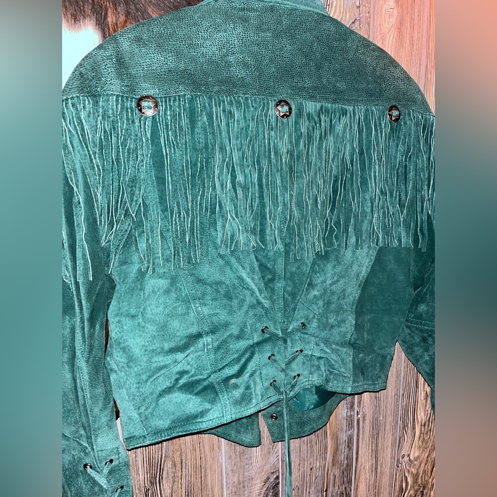 Hunt Club Teal Green Suede Fringe Leather Jacket - Picture 7 of 9
